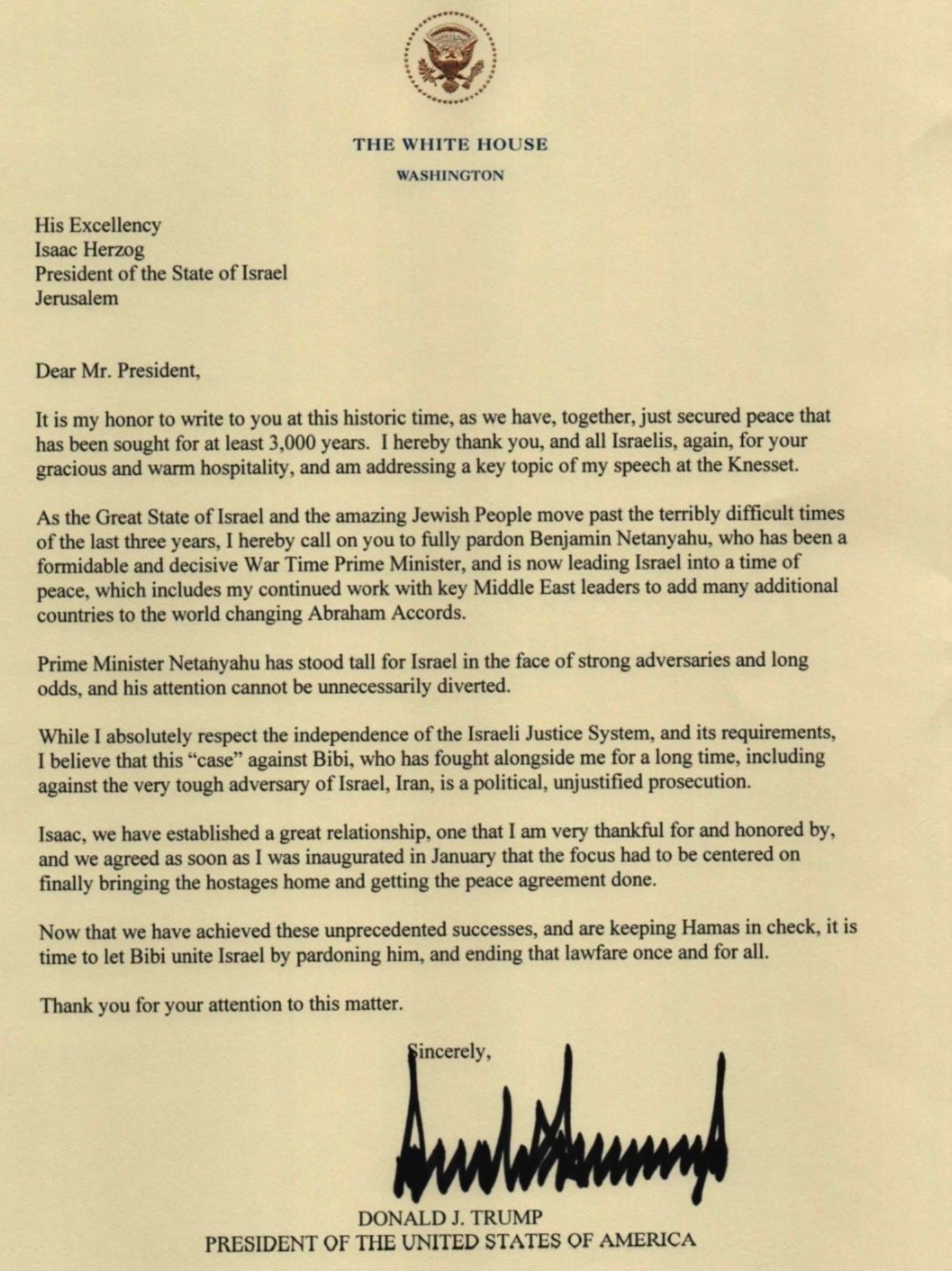 Carta del presidente Trump al presidente israelí.