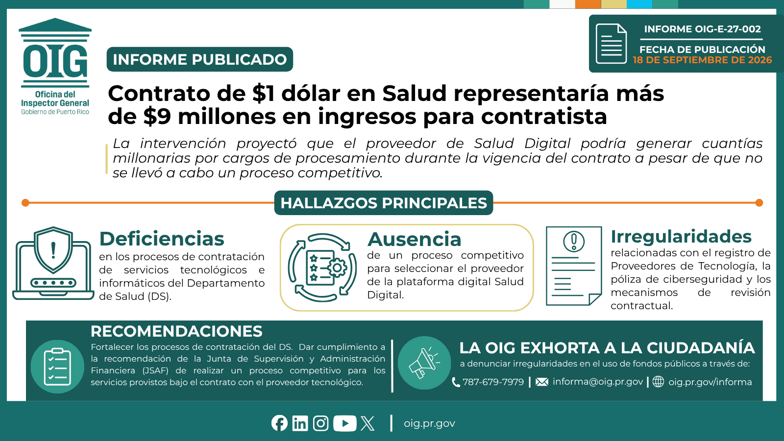 OIG cuestiona contrato de 1 dólar en Salud que podría generar 9.15 millones al proveedor
